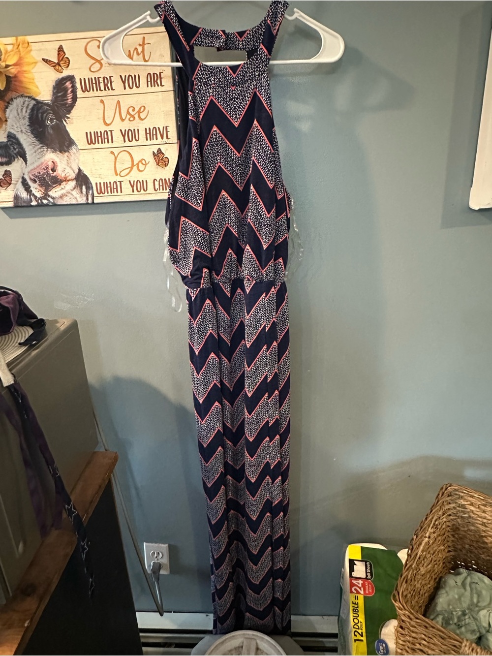 Women's Navy Chevron Maxi Dress with Pink Accents